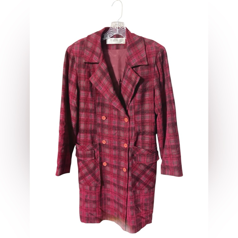 Burgundy‎ Plaid Chenille Mix Double Breasted Coat Size S Dark Academia He…